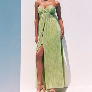 Lulus Oswin Lime Green Satin Plisse Strapless Maxi Dress - Size S